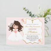 Curly haired Girl First Communion Soft Pink Kaart (Staand voorkant)