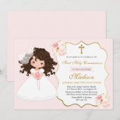 Curly haired Girl First Communion Soft Pink Kaart (Voorkant / Achterkant)