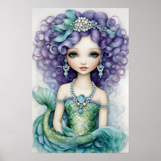 Curly Haired Girl Green Mermaid Poster (Voorkant)