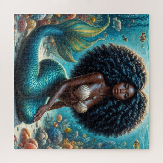 Curly-Haired Zwarte Zeemeermin Onderwater Art Legpuzzel (Horizontaal)