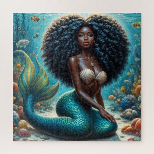 Curly-Haired Zwarte Zeemeermin Onderwater Art Legpuzzel (Verticaal)