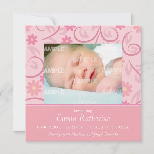 Curly Pink Floral Baby Aankondiging (Voorkant)