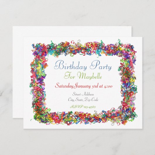 Curly Ribbon Birthday Party Invitation Kaart (Voorkant / Achterkant)