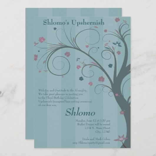 Curly Tree - blauwe uitnodiging (Voorkant / Achterkant)