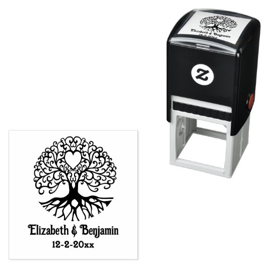 Curly Tree of Life Heart #2 Paar Namen Datum Zelfinktende Stempel (In situ)