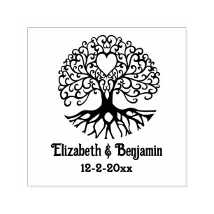Curly Tree of Life Heart #2 Paar Namen Datum Zelfinktende Stempel