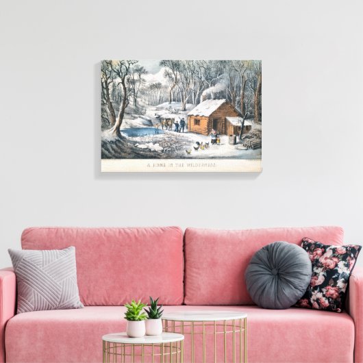Currier en Ives drukken "Een huis in de wildernis" Canvas Afdruk (Insitu (Woonkamer))