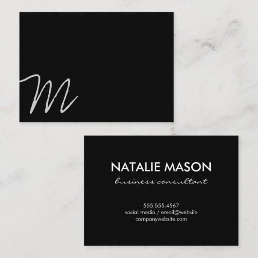 Cursief monogram | Asymmetrisch (zwart) Visitekaartje (Voorkant / Achterkant)