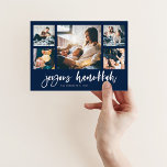 Cursief Multi Foto Raster | Prettig Hanukkah Feestdagenkaart<br><div class="desc">Deze eenvoudige,  donker marineblauwe en witte familievakantie wenskaart heeft moderne,  casual script typografie met de tekst "Prettig Hanukkah",  met een multi-fotoraster van vijf foto's op de voorkant en nog een op de achterkant.</div>
