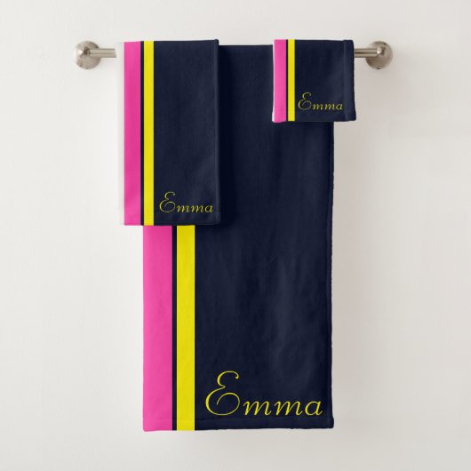 Cursief Navy Geel En Hot Pink Gestreept  Bad Handdoek (Insitu)