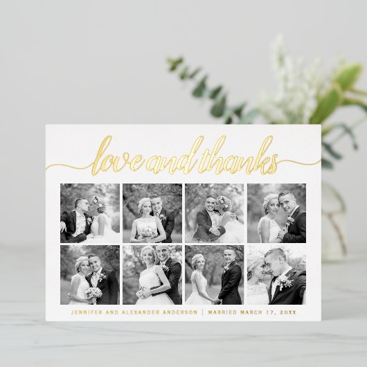 Cursief script Dankuwel acht foto-inklage goud Folie Feestdagenkaart (Staand Voorkant)