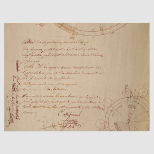 Cursief script en mechanische tekeningen op tan tissuepapier (Voorkant)