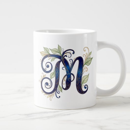 Cursieve M – Elegante Blauwe & Gouden Monogram Grote Koffiekop (Rechts)