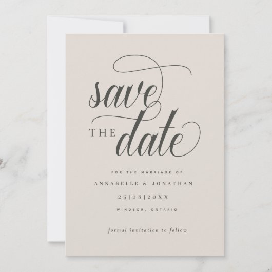 Cursieve scripttypografie save the date (Voorkant)