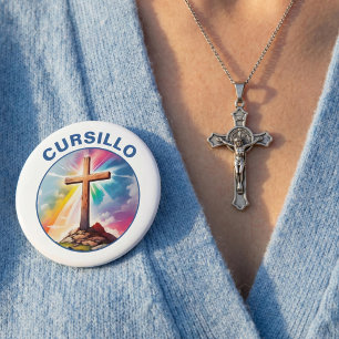 Cursillo Houten Kruis Met Regenboog en Wolken Ronde Button 4,0 Cm