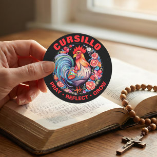 Cursillo Rooster met Rozen Bid Reflecteer Groei Ronde Sticker