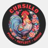 Cursillo Rooster met Rozen Bid Reflecteer Groei Ronde Sticker (Voorkant)