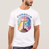 Cursillo Wood Cross met regenboog en wolken T-shirt (Voorkant)
