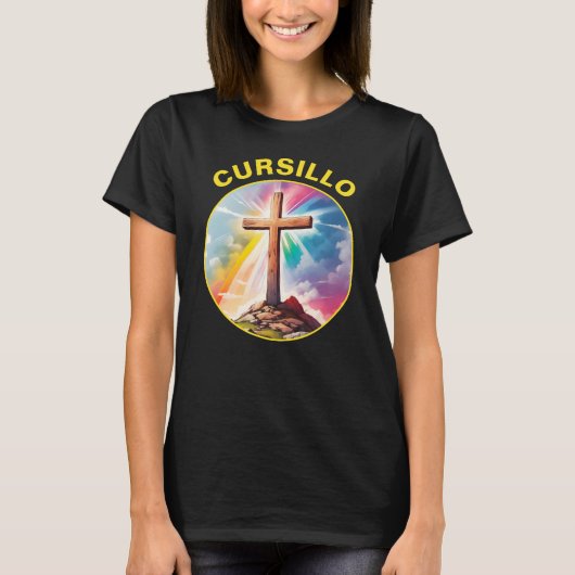 Cursillo Wood Cross met regenboog en wolken T-shirt (Voorkant)
