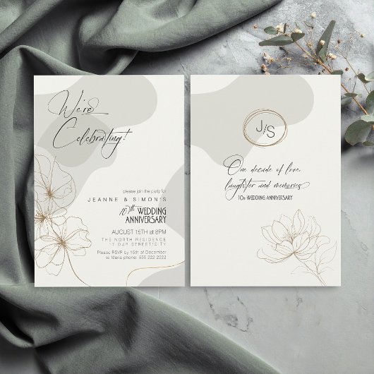 Cursive Floral 10th Anniversary Neutrals ID1168 Kaart