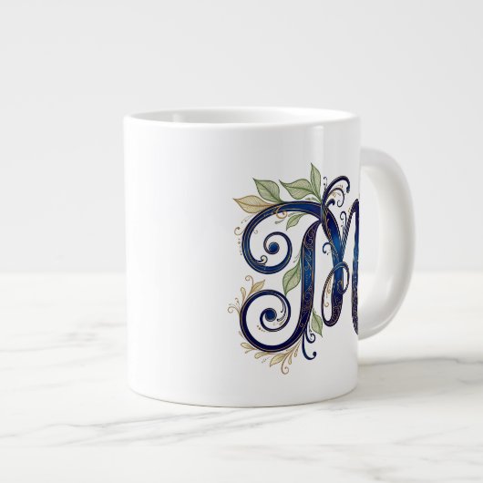 Cursive M – Elegant Blue & Gold Monogram Grote Koffiekop (Voorkant rechts)