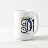 Cursive M – Elegant Blue & Gold Monogram Koffiemok (Voorkant rechts)