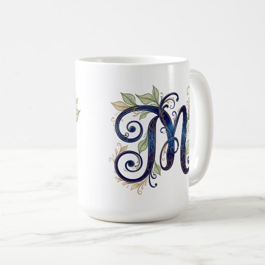 Cursive M – Elegant Blue & Gold Monogram Koffiemok (Voorkant rechts)