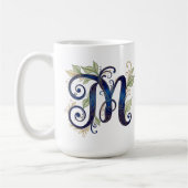Cursive M – Elegant Blue & Gold Monogram Koffiemok (Links)
