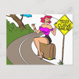 Curve Ahead,  vrouw Hitchking, Grappig Briefkaart