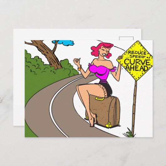 Curve Ahead,  vrouw Hitchking, Grappig Briefkaart (Voorkant / Achterkant)