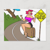 Curve Ahead, vrouw Hitchking, Grappig Briefkaart (Voorkant)