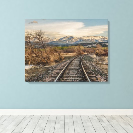 Curve in Tracks - Railroad Tracks - Mountains Canvas Afdruk (Insitu (Houten vloer))