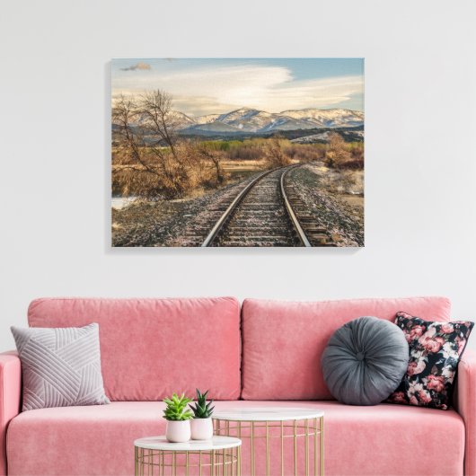 Curve in Tracks - Railroad Tracks - Mountains Canvas Afdruk (Insitu (Woonkamer))