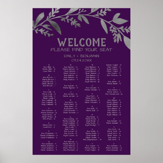 Curved Branch Silver Alfabetical Seating Chart Poster (Voorkant)