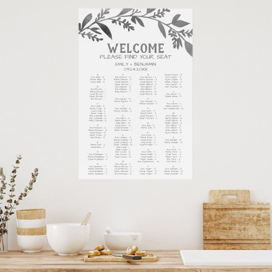 Curved Branch Silver Alfabetical Seating Chart Poster (Keuken)
