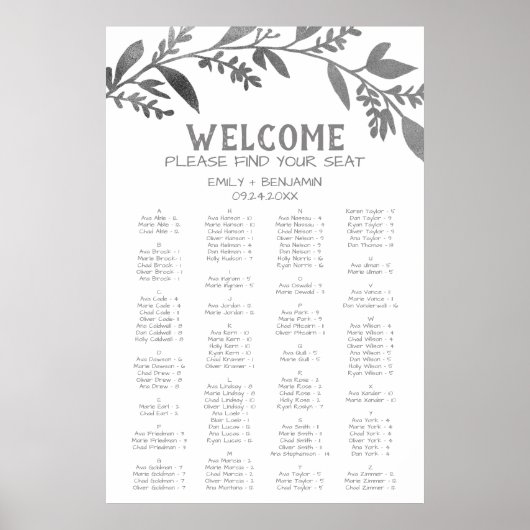 Curved Branch Silver Alfabetical Seating Chart Poster (Voorkant)