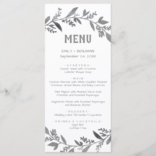 Curved Branches | Silver Dinner Menu Kaart (Voorkant)