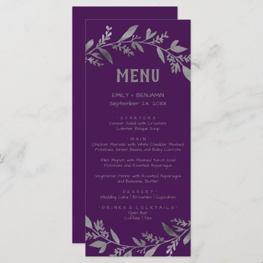 Curved Branches | Silver Dinner Menu Kaart (Voorkant / Achterkant)