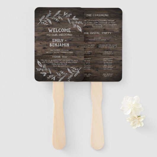 Curved Branches | Wooden Wedding Programme Handwaaier (Voorkant en achterkant)