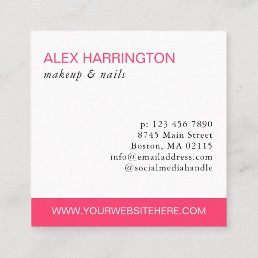Curved Hot Pink Text Foto van Make-up Vierkante Visitekaartje (Achterkant)