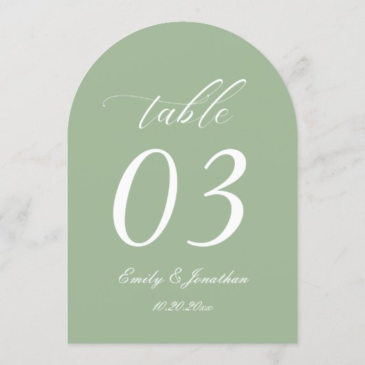 Curved Sage Green Wedding Table Number Kaart (Achterkant)