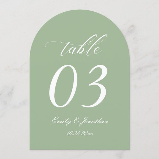 Curved Sage Green Wedding Table Number Kaart (Voorkant)