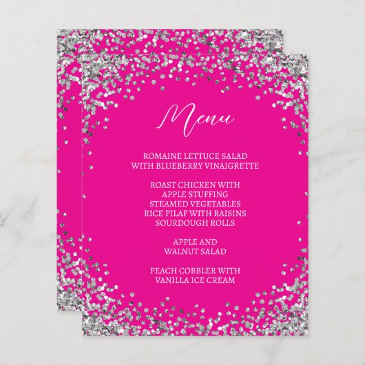Curved Silver Glitter Hot Pink Menu (Voorkant / Achterkant)
