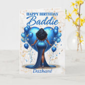 Curvy Afro-Amerikaanse Vrouw Blauw Glam Verjaardag Kaart (Gele Bloem)