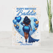 Curvy Afro-Amerikaanse Vrouw Blauw Glam Verjaardag Kaart (Voorkant)