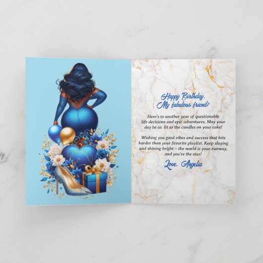 Curvy Afro-Amerikaanse Vrouw Blauw Glam Verjaardag Kaart (Binnen)