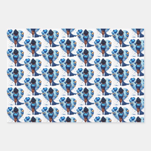 Curvy Afro-Amerikaanse Vrouw Glam Blauw Verjaardag Inpakpapier Vel (Voorkant)