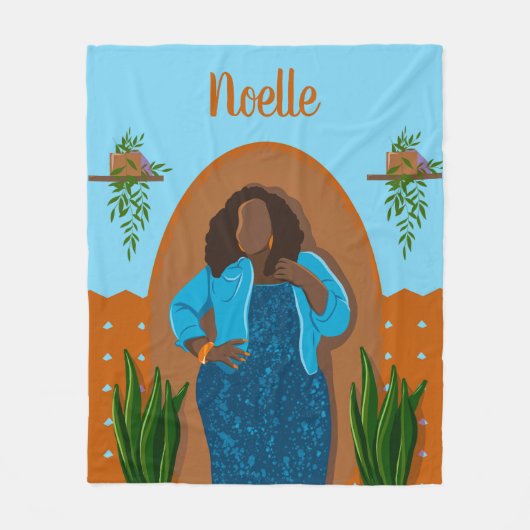 Curvy, Black Woman, Houseplant, Oranje & blauw Fleece Deken (Voorkant)