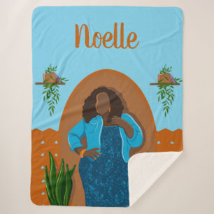 Curvy, Black Woman, Houseplant, Oranje & blauw Sherpa Deken
