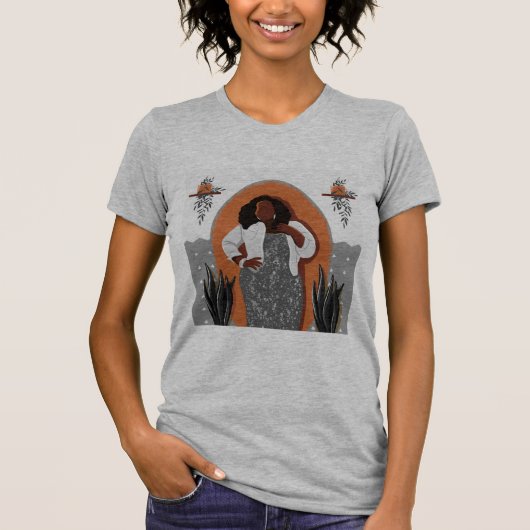 Curvy, Black Woman, Houseplant, Oranje & grijs T-shirt (Voorkant)